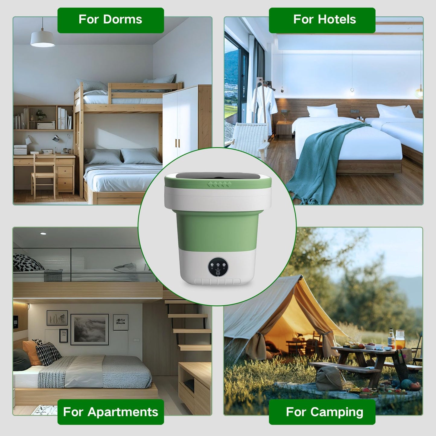 LGLRTD Portable Washing Machine, 15L Mini Collapsible Washer with 3 Cleaning Modes for Baby Clothes, Underwear, Small Foldable Laundry for Travel Apartment Home Dorm Hotel Camping (White+Green)