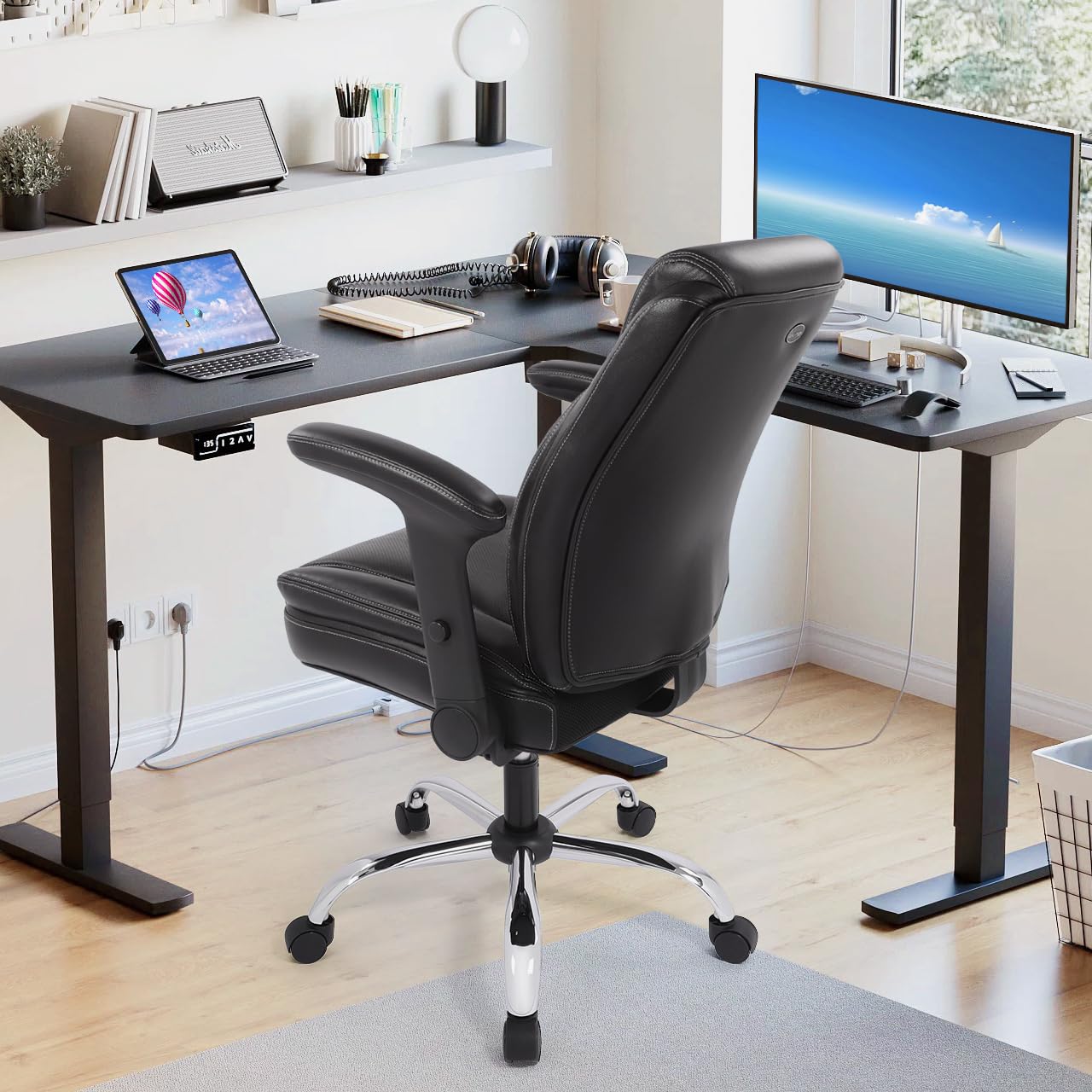 Ergonomic Heavy Duty Mid-Back Padded Bonded Leather Padded Adjustable-Height/Tilt Office Chair, Comfortable Swivel Computer Desk Task Office Stool with Functional Arms, Design for Sedentariness, Black