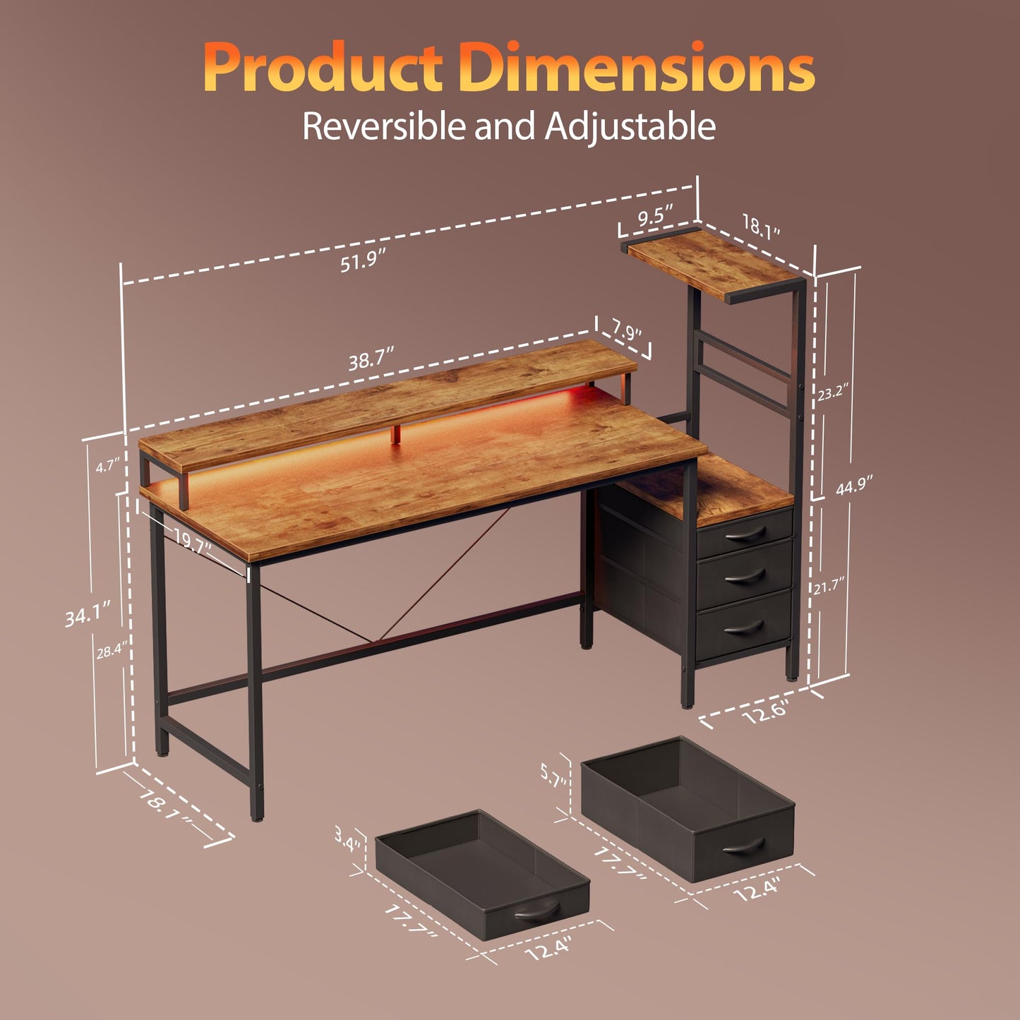 Mericonia Gaming Desk with Power Outlets & LED Lights, Reversible Computer Desk with PC Case Stand, Fabric Drawers, Modern Office Desk with Shelves, Monitor Stand (DJK-Rustic Brown, 51 inch)