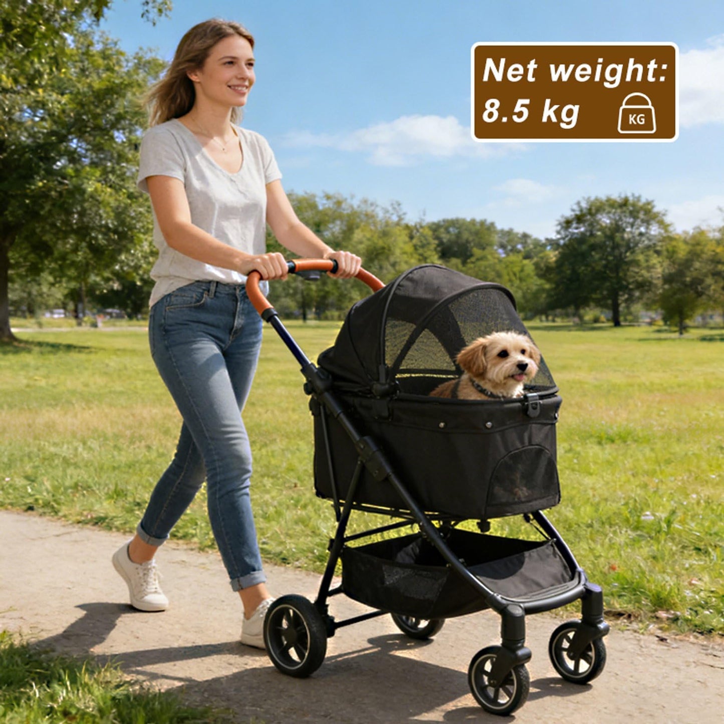 Pet Stroller for Small Dogs and Cats, Detachable Dog Cat Stroller with All-Terrain Shock Absorbing Wheels, One-Click Foldable Design, Adjustable Canopy (Khaki)
