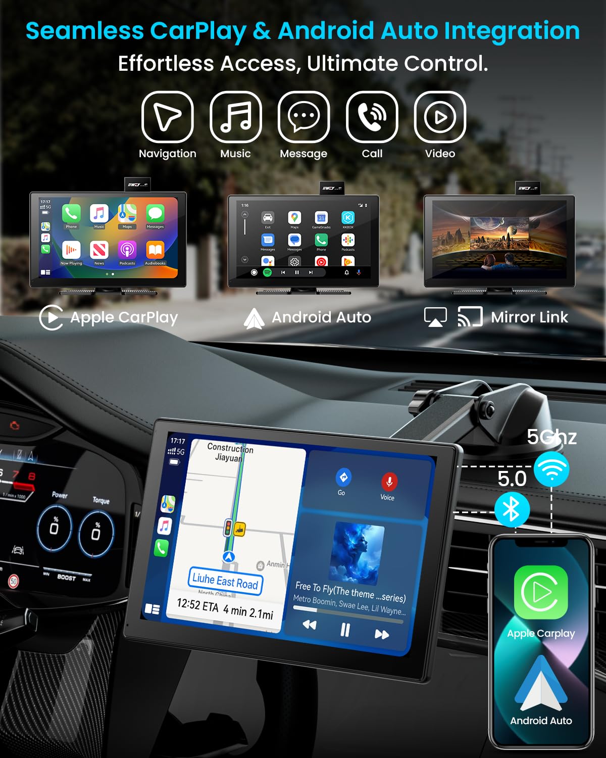 IK9 9" Wireless CarPlay & Android Auto Screen, Portable Car Stereo with 4K Dash Cam & 1080p Rear Camera, CarPlay with Backup Camera, Touch Screen GPS Display, Mirror Link, Apple Car Play Screen