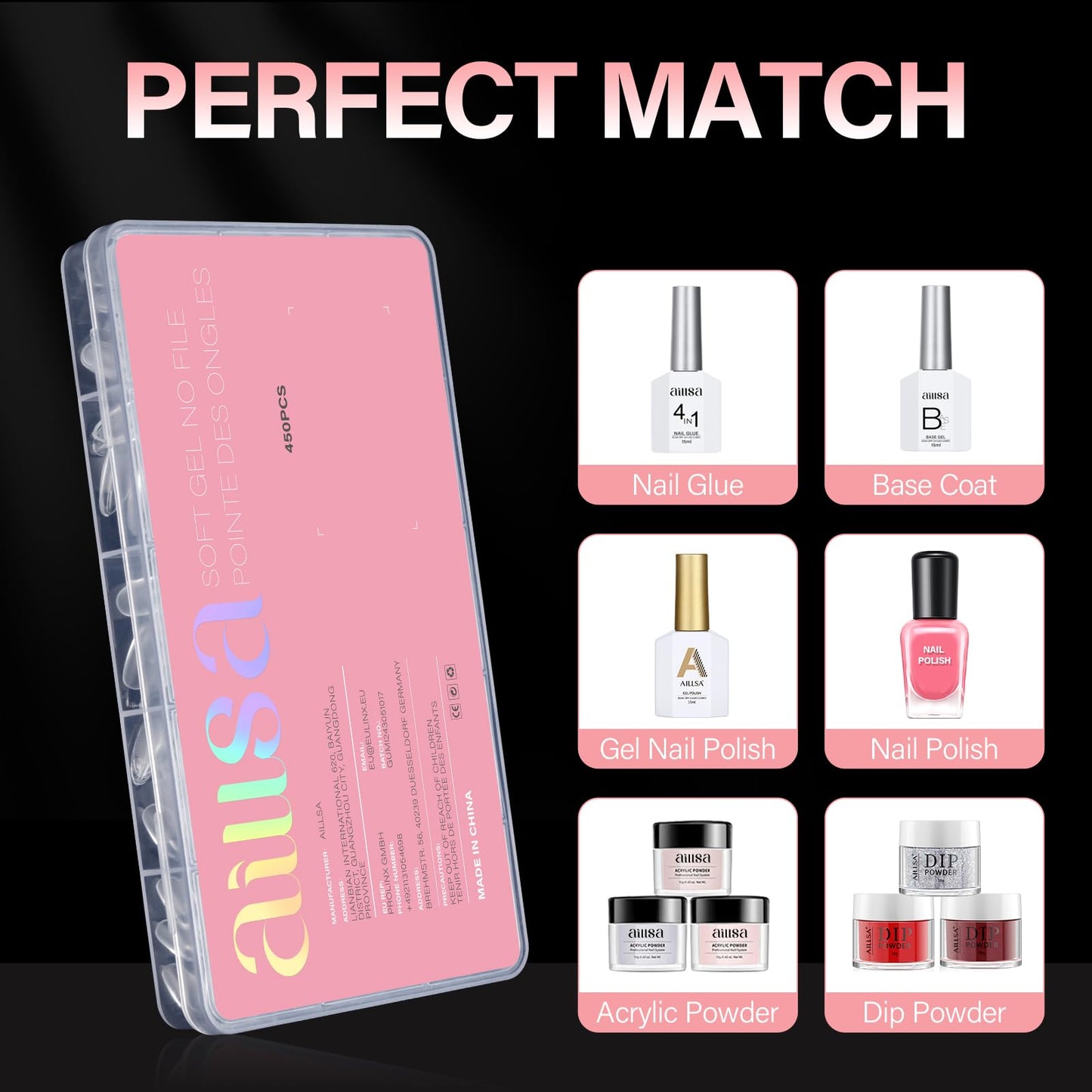 AILLSA Short Almond Nail Tips - Thickened Pre-shaped False Nail Tips Short Almond Shaped Half Matte Nails Tips, Fake Nails Extension 450pcs 15 Sizes with Storage Box