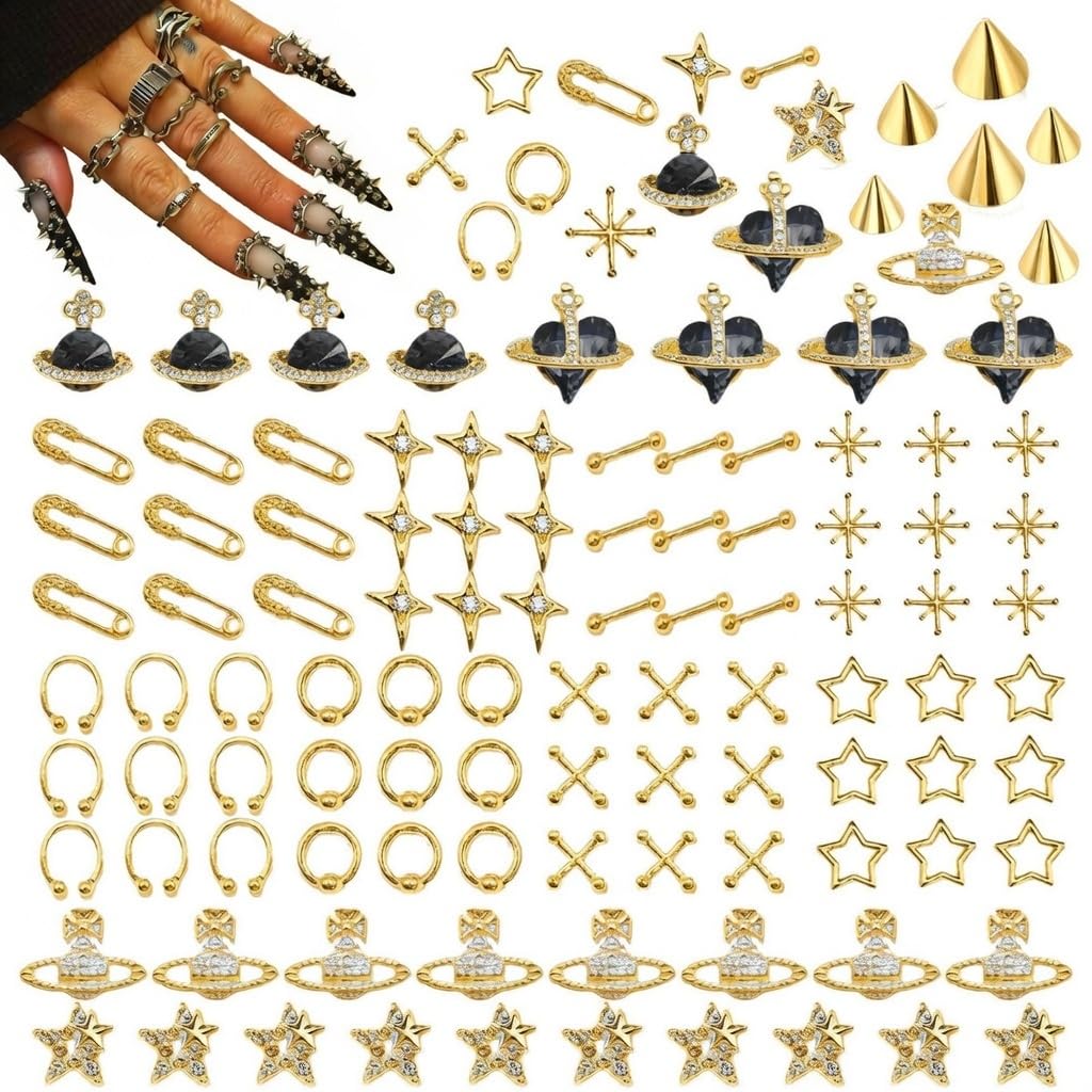 110 pcs Gold Punk Nail Charms 3D Goth Jewelry Kit, Y2K Metal Planet Star Cross Spike Accessories, Alloy Rhinestones for Acrylic Gel Art Design (Punk)