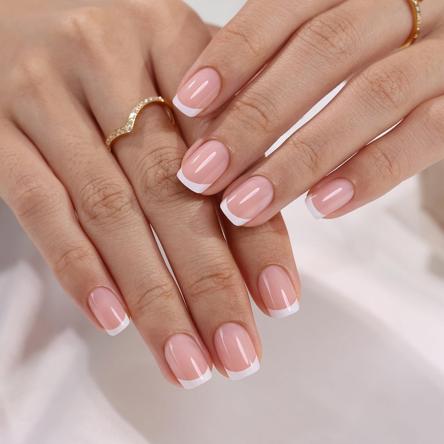White French Tip Press on Nails - SHANGMENG Soft Gel Square Nails Short for Women Gift, Fit Perfectly & Natural Stick on Nails with Glue in 16 Sizes - 32 Reusable Fake Nails, White French