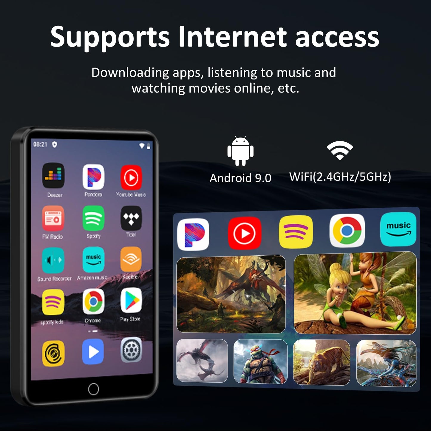 80GB MP3 Player with Bluetooth and WiFi, 4-inch Touch Screen mp3 Players with Bluetooth , with Spotify, SpotifyKids, Audible, Andora, Amazon Player, MP4&MP3 Player up to 1TB (Black) (Black)