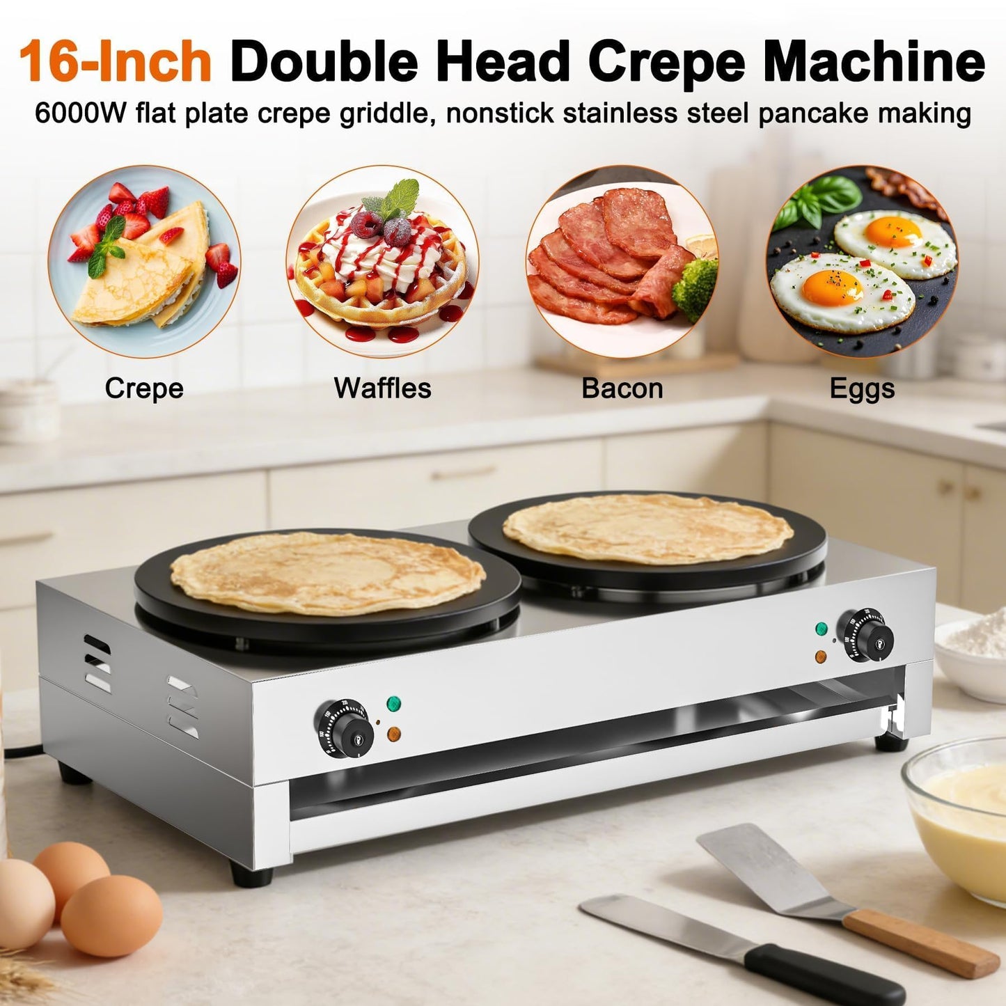 Culistra 16 Inch Commercial Crepe Maker, Dual-Head, Dual Zone Temp Setting, Nonstick Pancake Griddle Machine, 50-300°C(120-570℉), 3400W, S.S. Shell, for Catering, Restaurant, Snack Stand, CE Certified