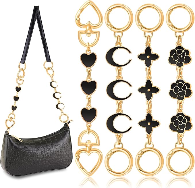 4Pcs Bag Extender Chains (Black Multishapes) Purse Extender Chain Bag Strap Extender for Handbags Crossbag Shoulder Bags, Metal Gold Chain Replacement Black Purse Bag Chains Accessories Mother's Day