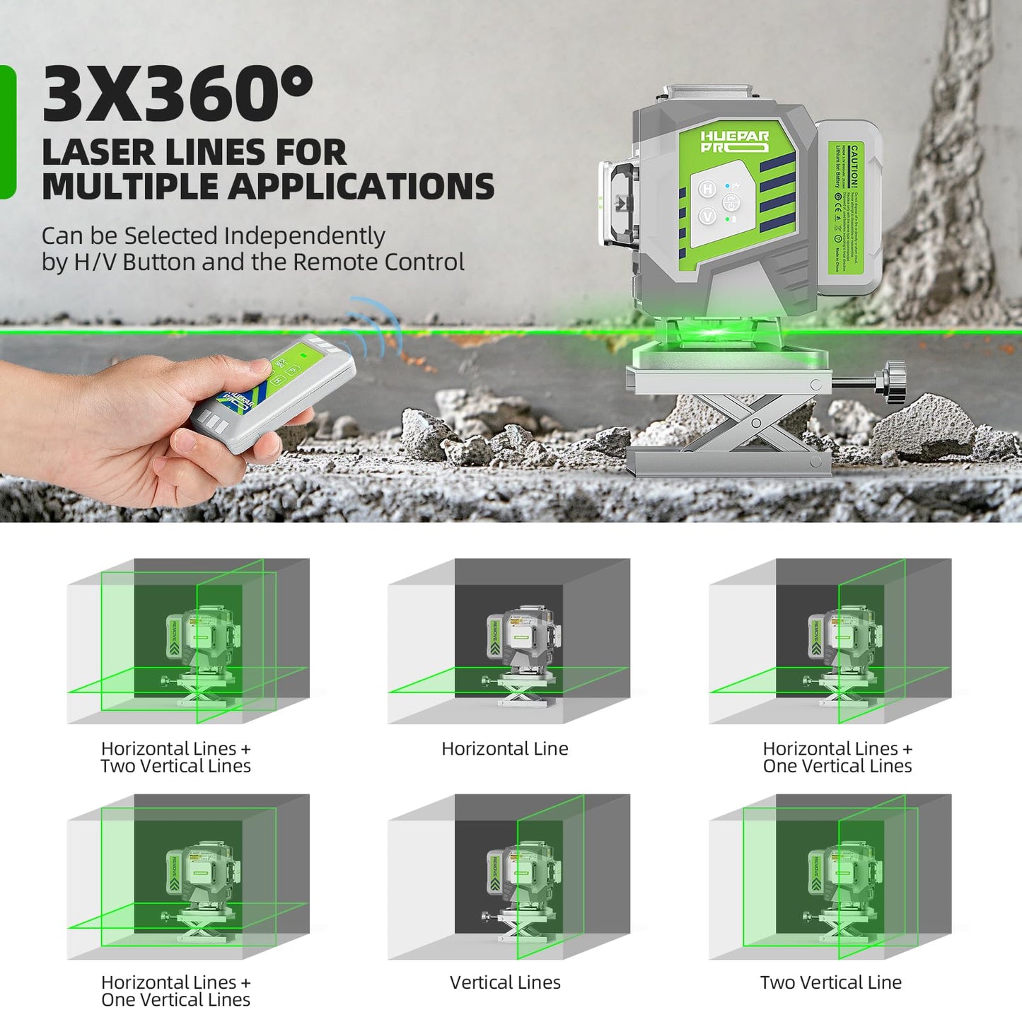 Huepar Pro Laser Level, 3x360° Self Leveling Green Tiling Level Laser Tool, 3D Cross Line Laser Level Tool, High Accuracy Floor Laser with 8000mAh Li-ion Battery, Remote Control & Hard Carry Case