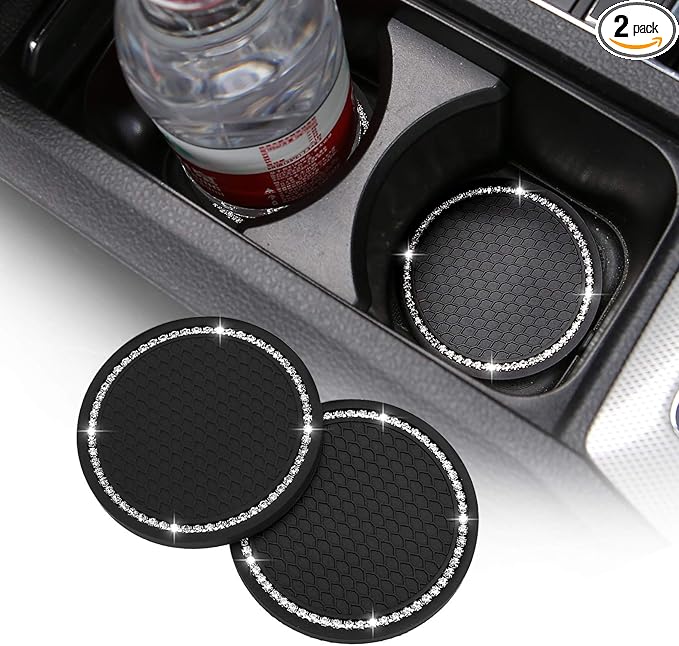 ACODABLEM 2 Pack Bling Car Cup Holder Insert Coasters, 2.75 Inch Soft Crystal Rhinestone Rubber Pad Set Round Auto Drink Coaster Car Interior Accessories (Black)
