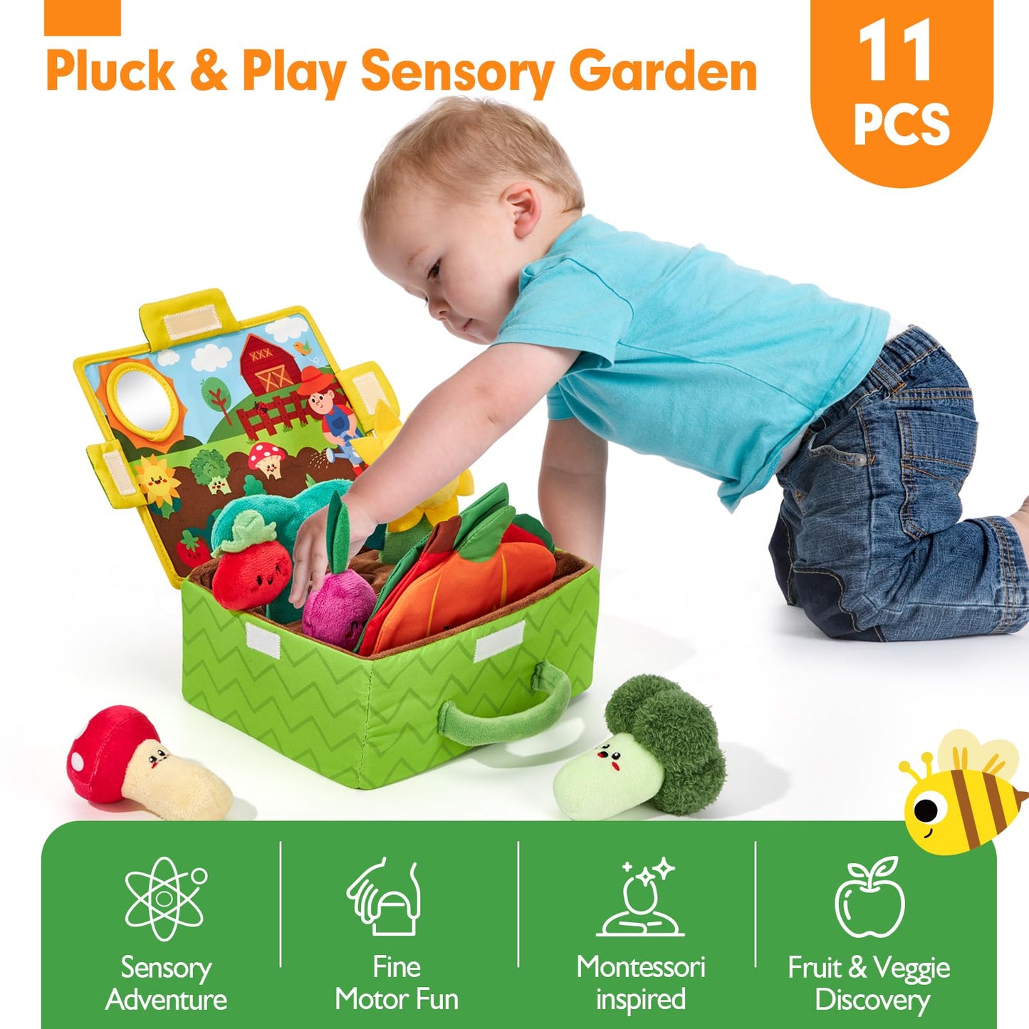 hahaland Baby Toys 6-12 Months - Fruits Vegetables Garden Plant Plush - 6 Month Old Toys Montessori Sensory Toy Carrot Flower with Rattles Mirror Squeaker Textures Crinkle Tissues Christmas Baby Gifts