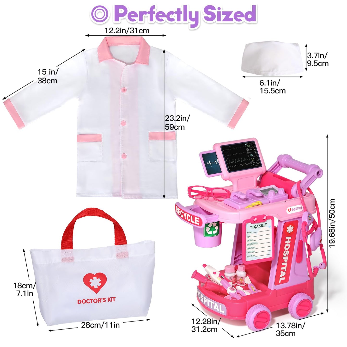 Phobby Doctor Kit for Toddlers Aged 3 4 5, Medical Pretend Play Set for Kids with Bag and Costume, Doctor Cart Toy for Girls Boys Birthday Gift (Pink)