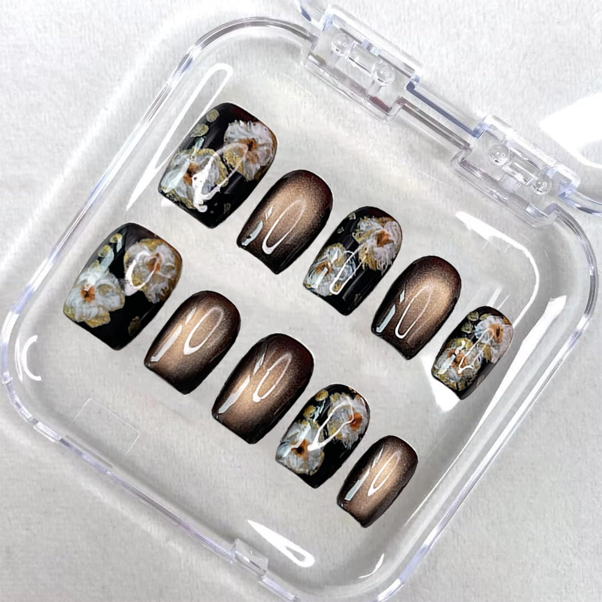 Handmade Press on Nails Short Square Fake Nails Press Ons Gold Brown Glitter Luxury Flower Full Cover Stick on Nails Glue on Nails for Women Girls Manicure (Floral Glitter S)