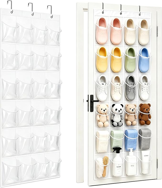 Over the Door Shoe Organizer with 24 Crystal Clear Pockets and Metal Hooks â Heavy Duty Hanging Shoe Storage Rack for Closet, Bathroom, Dorm â Space Saving for Shoes, Accessories, Toys (White)