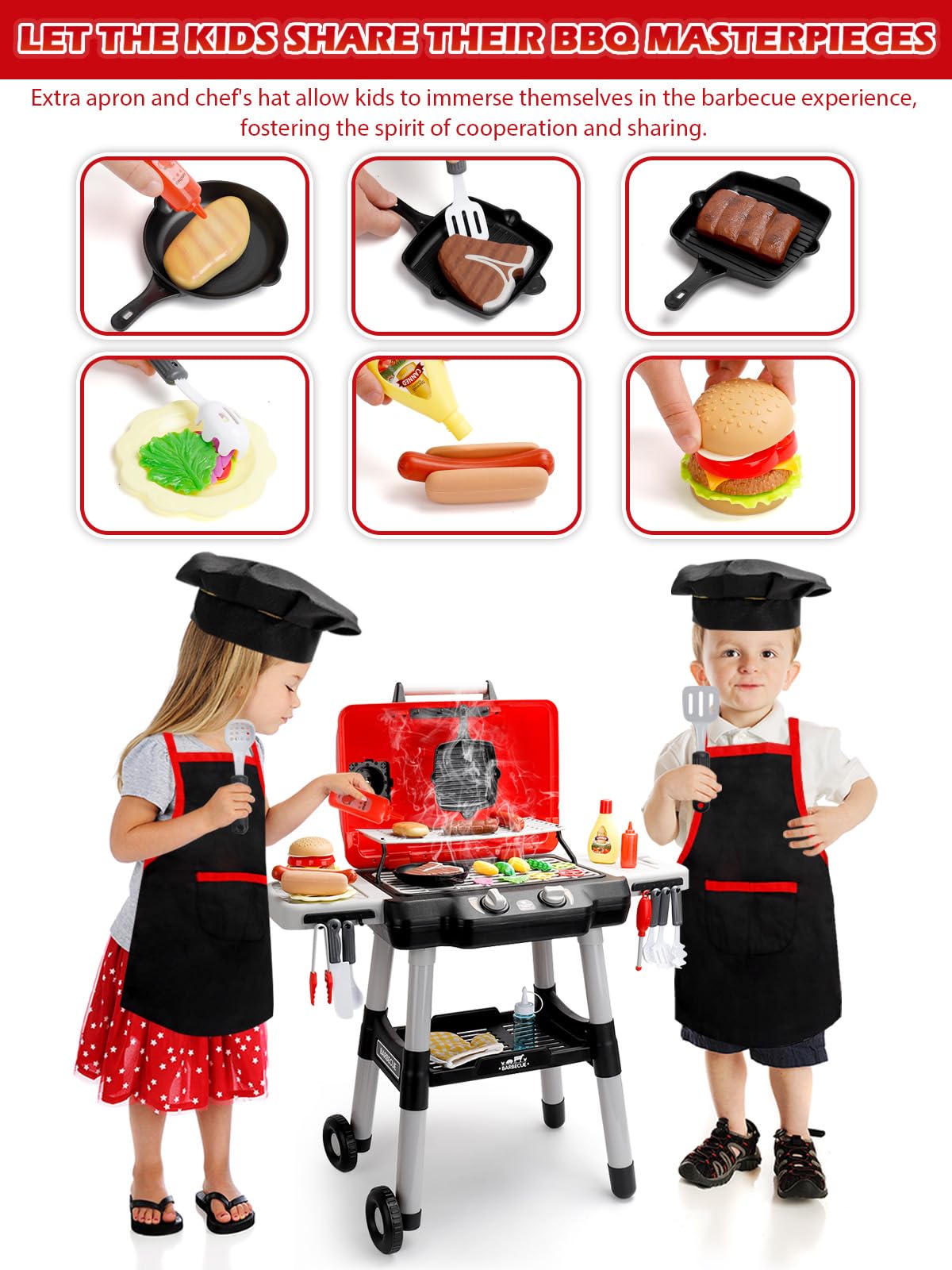 Kids Kitchen Toy Barbecue Grill Playset Cooking Interactive Toys with Smoke Sound Light Simulation Chef Apron Hat Little Chef Pretend Play Accessories Christmas Birthday Gift for Boys Girls