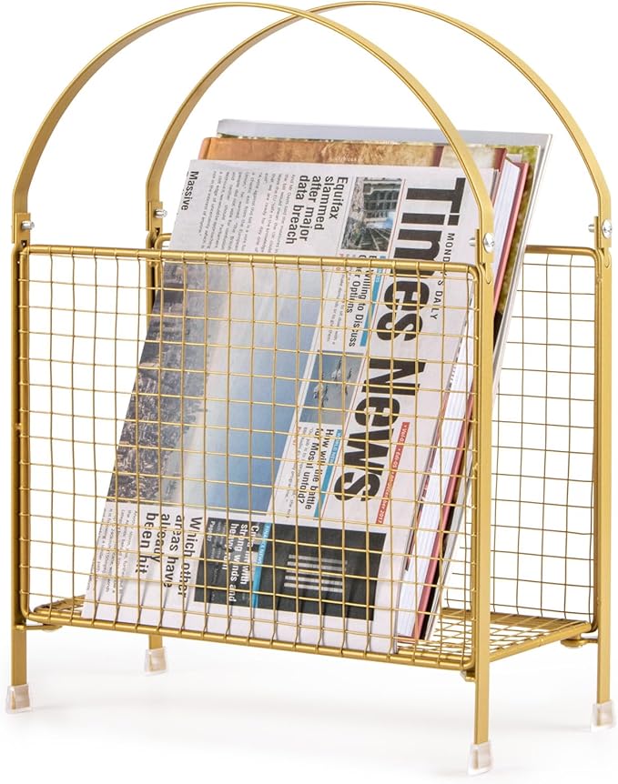 PUERSI Freestanding Magazine Holder â Modern Touch Handbag Design, Magazine Organizer Metal Rack for Books, Vinyl Record, Newspaper (Gold)