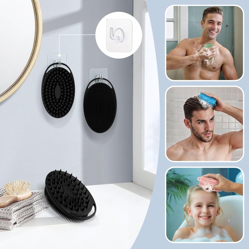GEENOA Soft Silicone Body Scrubber 2PCS, 2-in-1 Bath & Shampoo Brush with Dual-Side Usage, Hygienic Silicone Loofah Shower Scrubber for Gentle Exfoliating & Good Lathering(Blackx2)