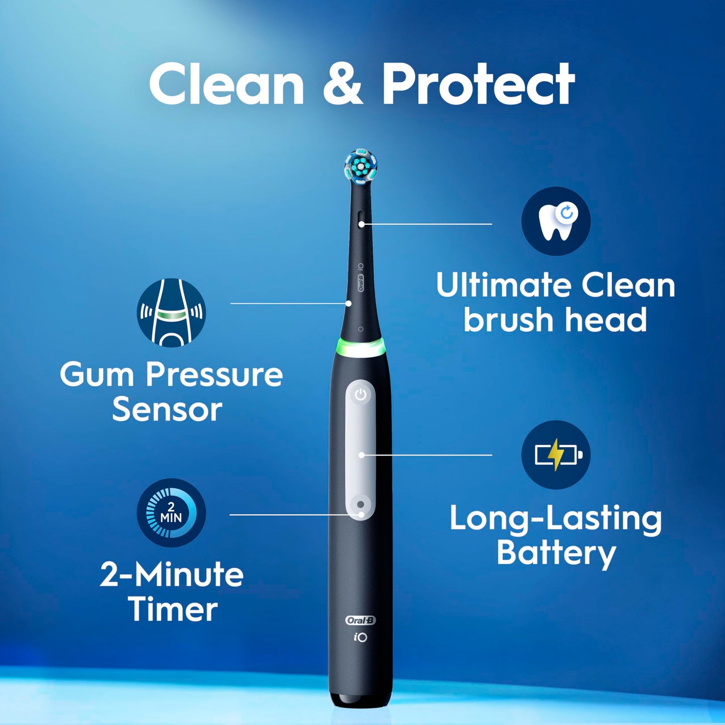 Oral-B Rechargeable Electric Toothbrush, iO3 Limited Deep Clean, 3 Cleaning Modes, Visual Pressure Sensor to Protect Gums, 2 Brush Heads, Travel Case, Black