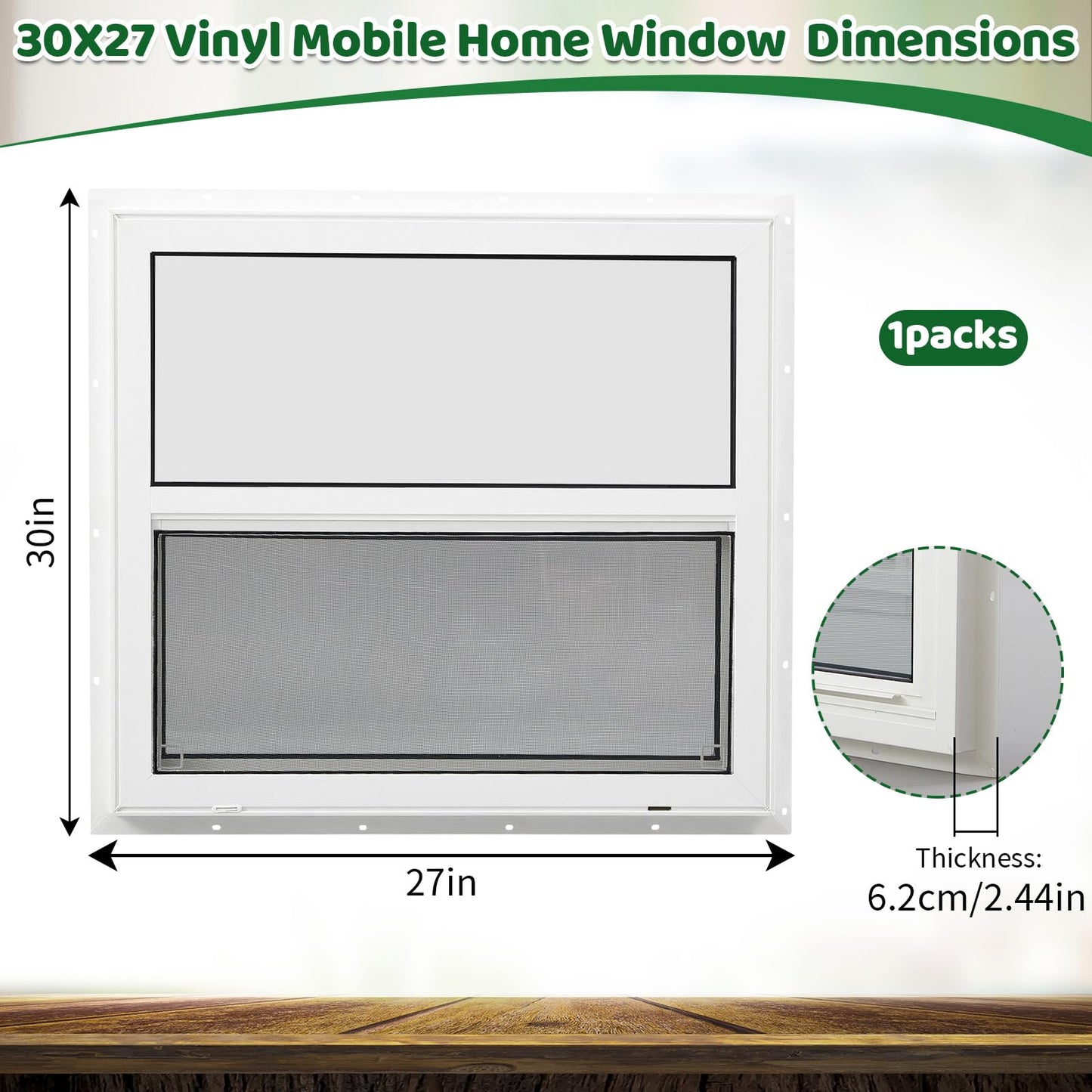 Pushglossy 30" x 27" Mobile Home Window Insulated Vinyl Low E Mobile Home Windows Replacement, Lower Tilt Sash Screen Included, Clear Double Pane Glass, Single Hung for House Basement Parts, White