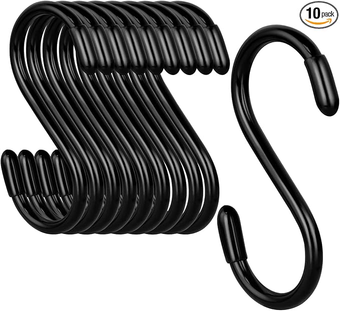 3 Inch Vinyl Coated S Hook,S Hooks for Hanging Plants ,10 Pack Non Slip Heavy Duty S Hooks ,Small Rubber Coated Steel Metal Black Closet S Hook for Hanging Jeans Plants Jewelry Pot Pan Cups Towels