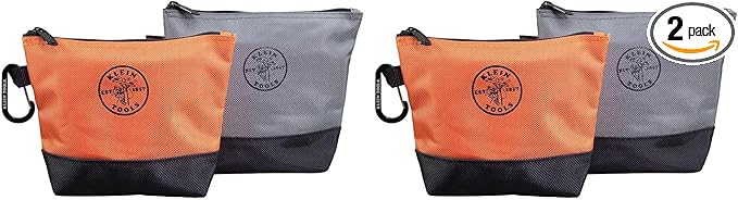 Klein Tools 55470 Utility Bag, Stand-Up Zipper Tool Bags, Tough 1680d Ballistic Weave, Reinforced Bottoms, Orange/Black, Gray/Black, 4-Pack