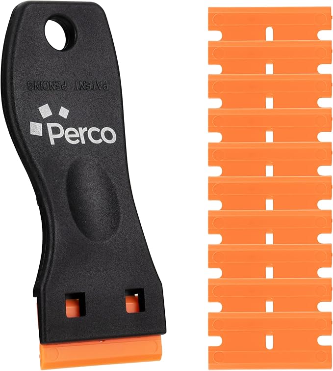 Perco Plastic Razor Blade Scraper with 10 Extra Plastic Blades â No-Scratch Adhesive & Sticker Remover Tool for Labels, Decals & Glue Residue â Safe Scraper for Glass, Windows & Car Surfaces