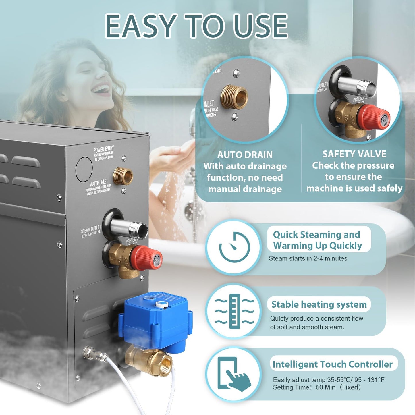 4KW Steam Generator-Quick start continuous steam,with Black digital control panel Self-Draining System, 95-131°F Temp Control,Can be used for heating a space area of 4m³/141Cu.ft. (4KW 220V)