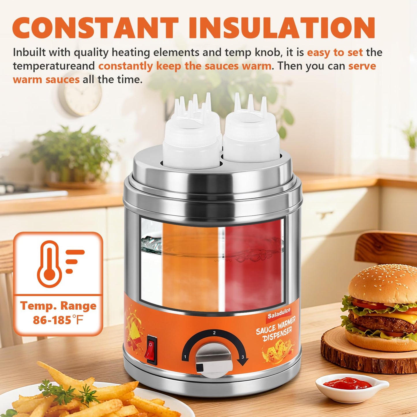 Electric Sauce Warmer Dispenser Commercial Cheese Sauce Bottles Warmer Hot Fudge Warmer Dispenser 3-Bottles Warmer for Cheese Sauce Hot Chocolate Fudge Caramel 86-185℉ 110V