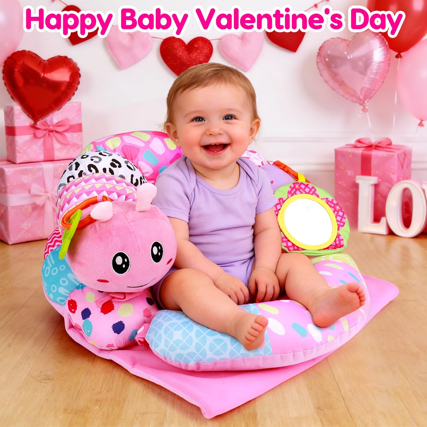 2 in 1 Baby Tummy Time Mat & Support Seated Pillow Infant Newborn Toys 0 1 2 3 4 5 6 Months Pink Caterpillar Sensory Developmental Playmat 0-6 3-6 12 Month Mirror Babies Girls Shower Easter Gifts