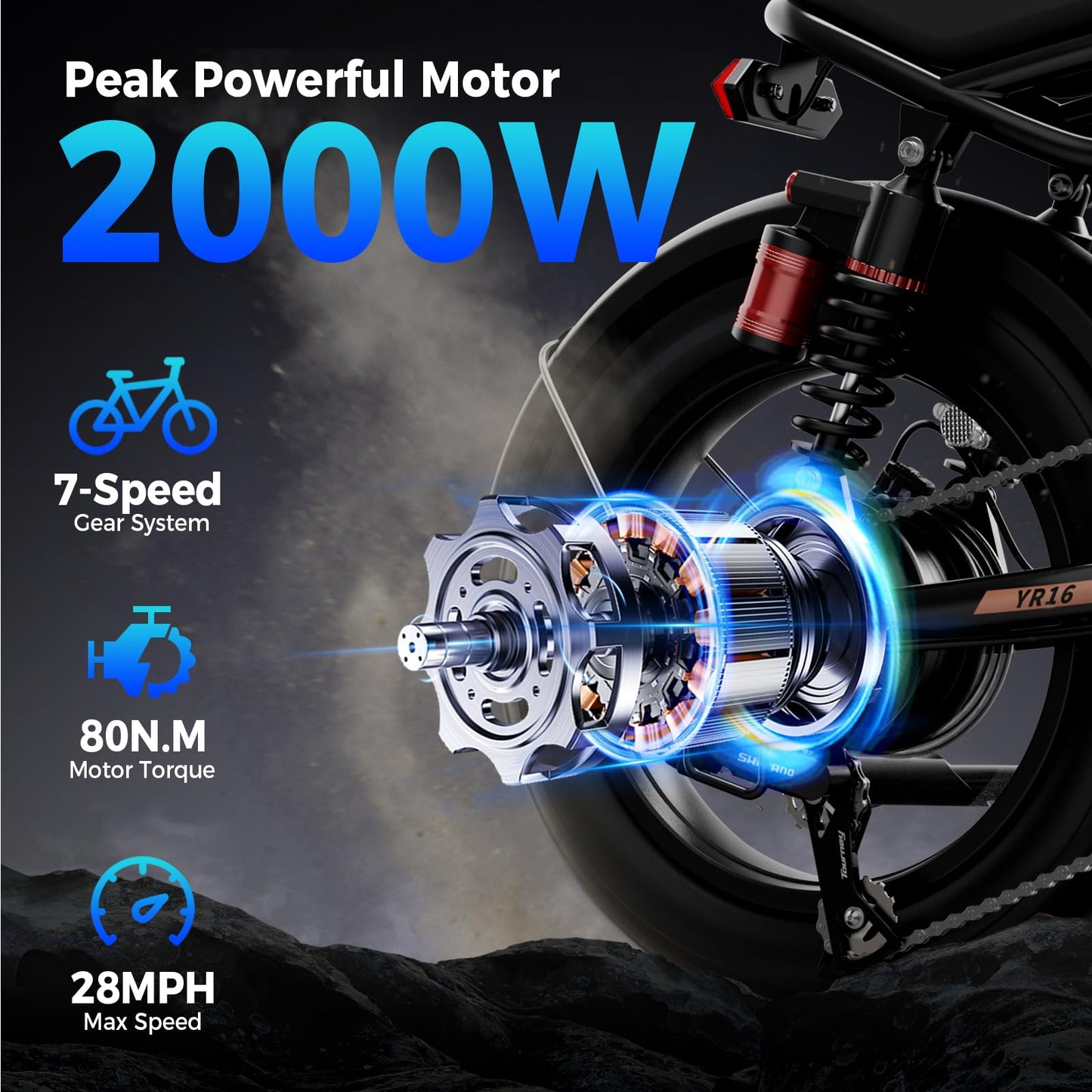 SYFTLLSJY 2000W Peak 16" Off Road Electric Bike for Adults,55+Miles LongRanger,28+MPH Electric Dirt E Bike Bicycles, Fat Tire All Terrain E-Bike,48V Electric Motorcycle for Road Mountain
