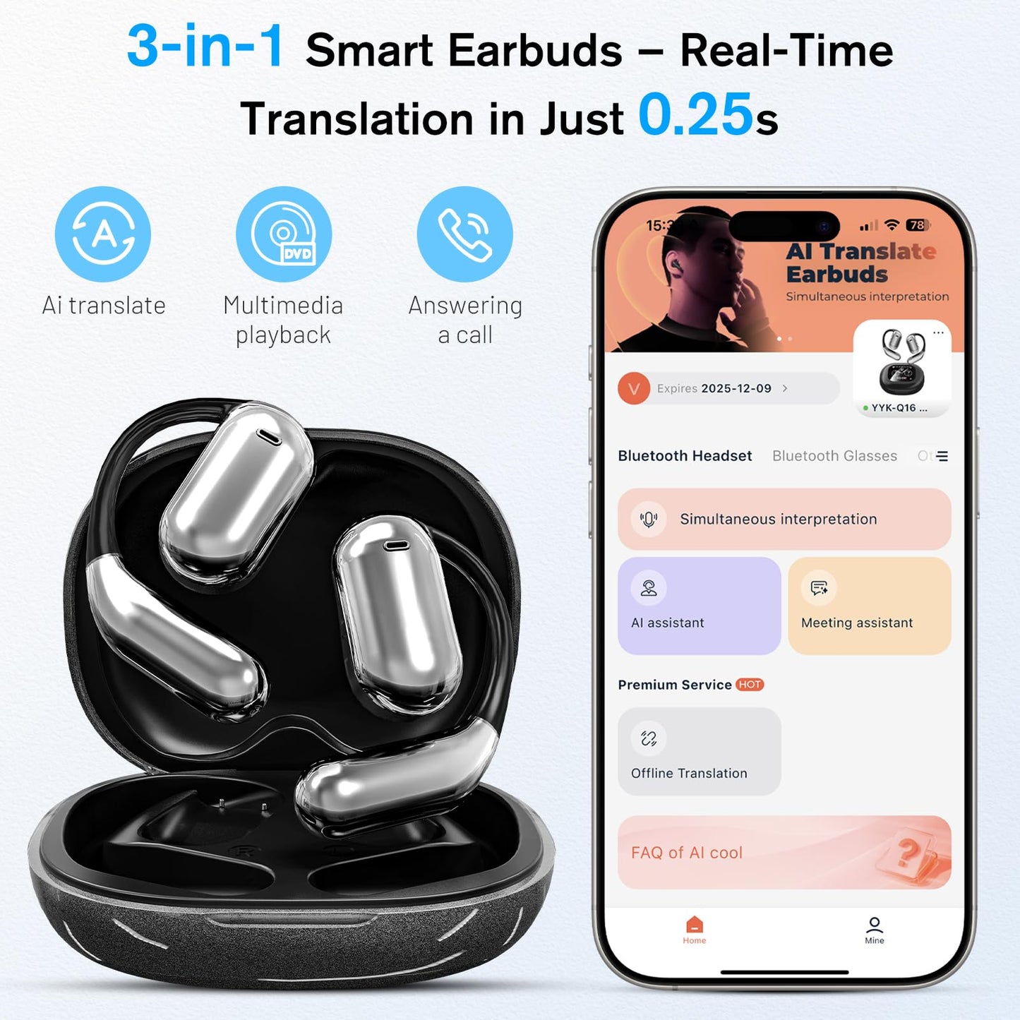 Ai Translation Earbuds No Subscription Real Time 2025 Upgrade, Translator Earbuds 3 in 1, 144 Languages Translating Headphone Fit iOS and Android, AI Noise Reduction, Free Forever(Dark Grey)