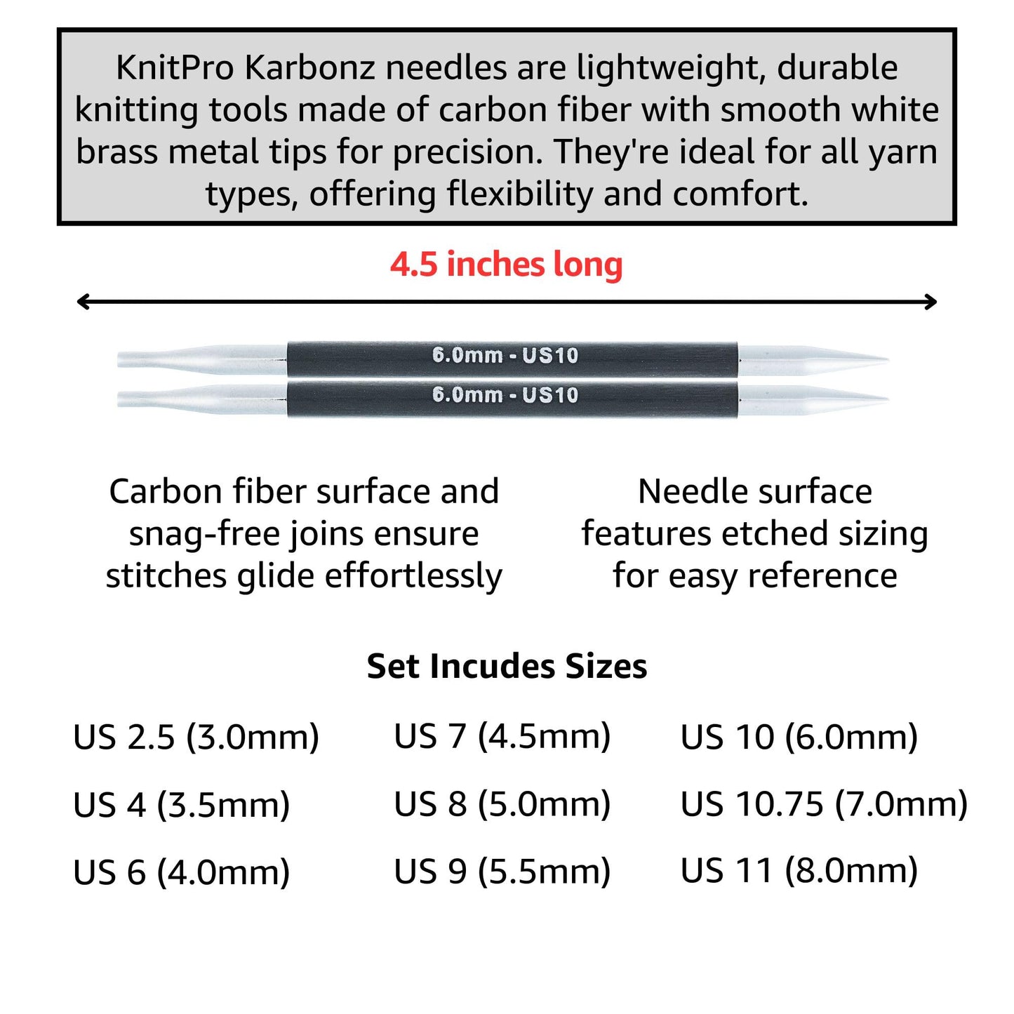 KnitPro Karbonz Deluxe Set 5 inch Circular Knitting Needles Size 2.5, 4, 6, 7, 8, 9, 10, 10.75, 11 Interchangeable, 4 Cables, 8 Caps, 4 Keys, Fabric Case with Project Bag