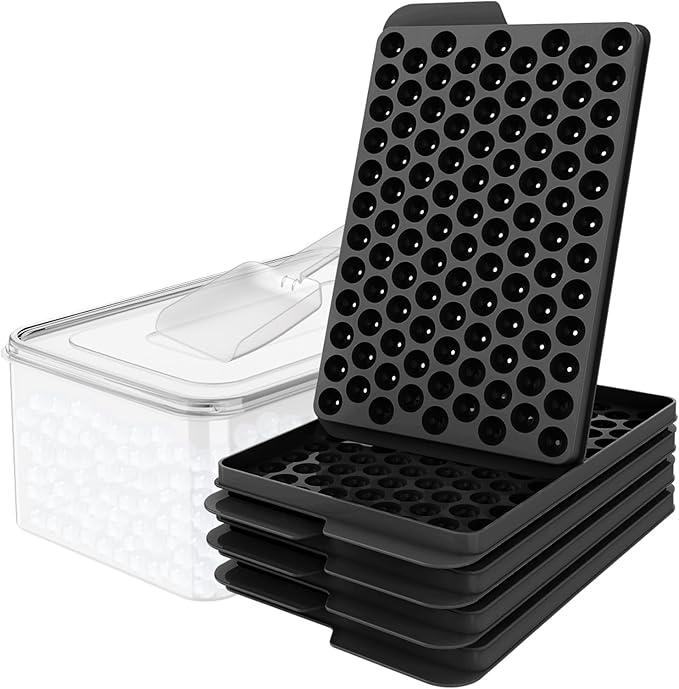 WIBIMEN Mini Ice Cube Trays, 0.55â Tiny Pebble Ice for Iced Coffee & Cocktails, Fast Chill, Easy Twist Release, Stackable with Lid & Storage Bin (4 Pack, Black)