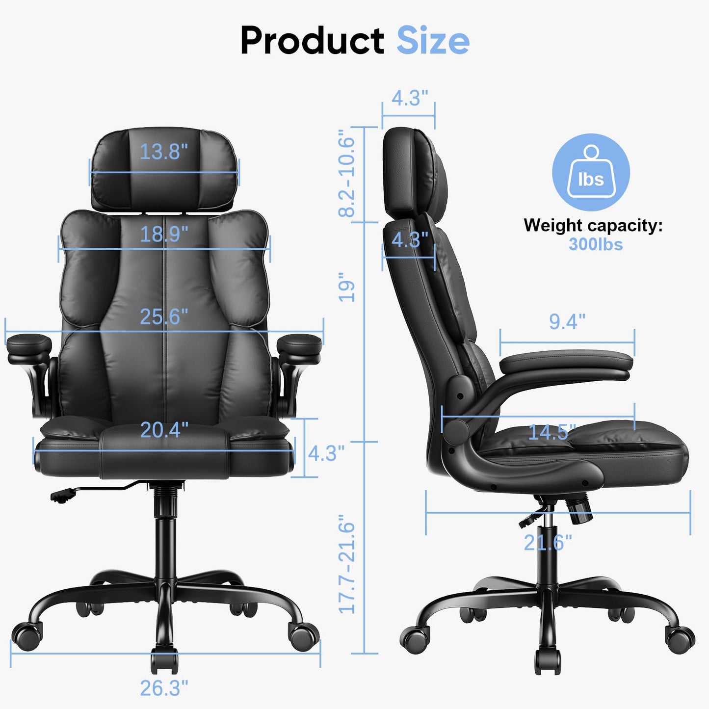 Kensaker Executive PU Leather Office Chair, Computer Chair with Thick Cushion & Lumbar Support, Ergonomic Desk Chair with Adjustable Headrest & Armrests,Black