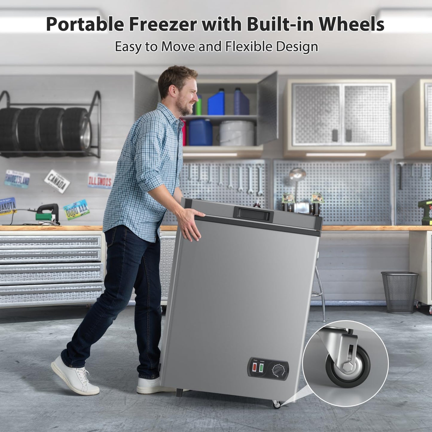LifePlus Chest Freezer, 4.2 Cu Ft Small Deep Freezer With Fast Cooling & Convenient Pulley, Perfect for Kitchen Parlor, Garage,Apartment,Small Freezer With Low Noise & Energy Saving, Titanium Grey