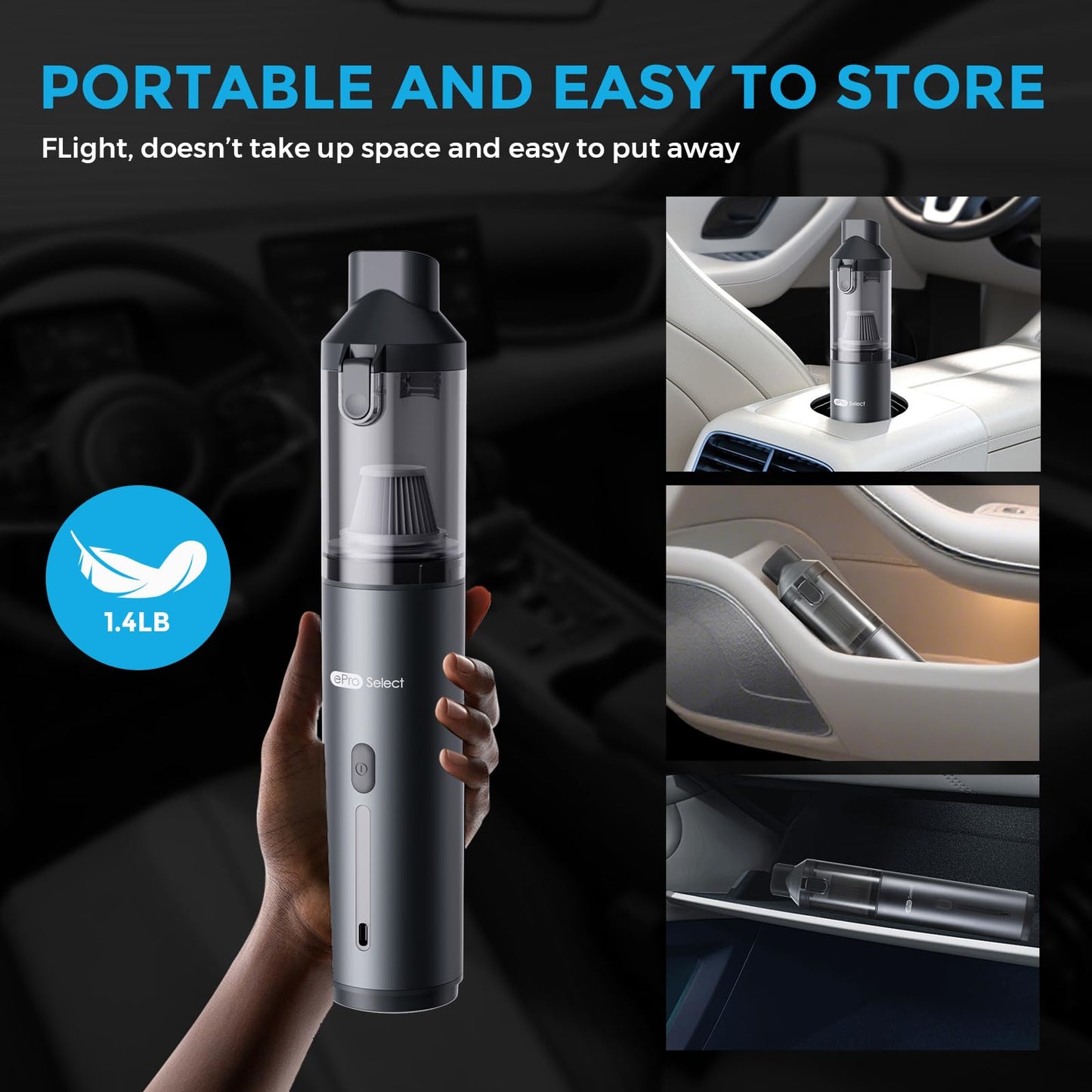 EPROEON Cordless Car Vacuum, 4-in-1 Portable Mini Handheld Vacuum, 20000pa Suction Power, Upgraded Smart Display, 2 Suction Modes for Lightweight Air Dust Buster for Travel, Office, Home & Pet Hair