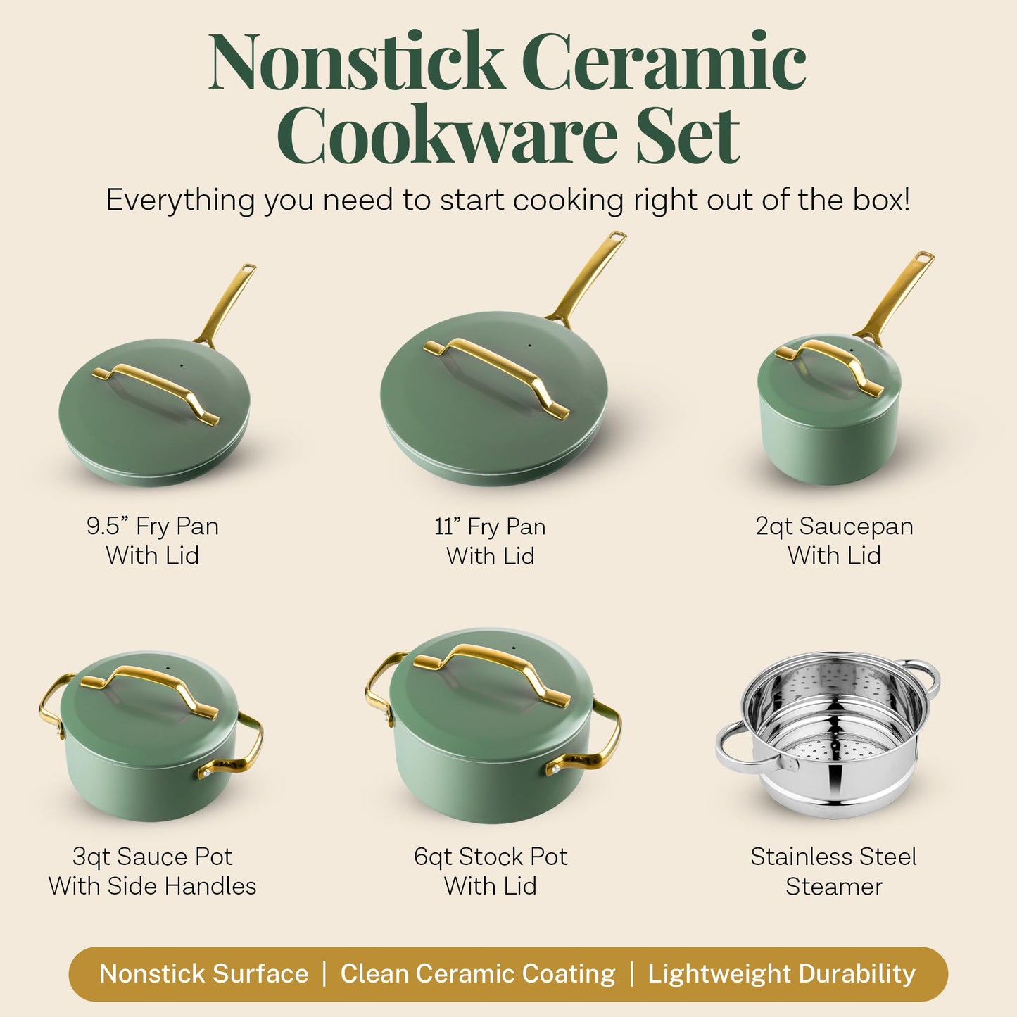 Gotham Steel Modern 11 Pc Ceramic Cookware Set, Elegantly Designed Pots and Pans Set Non Stick with Steamer, Induction Bottom, Premium Stay Cool Handles, Non Toxic PFOA Free, Oven & Dishwasher Safe