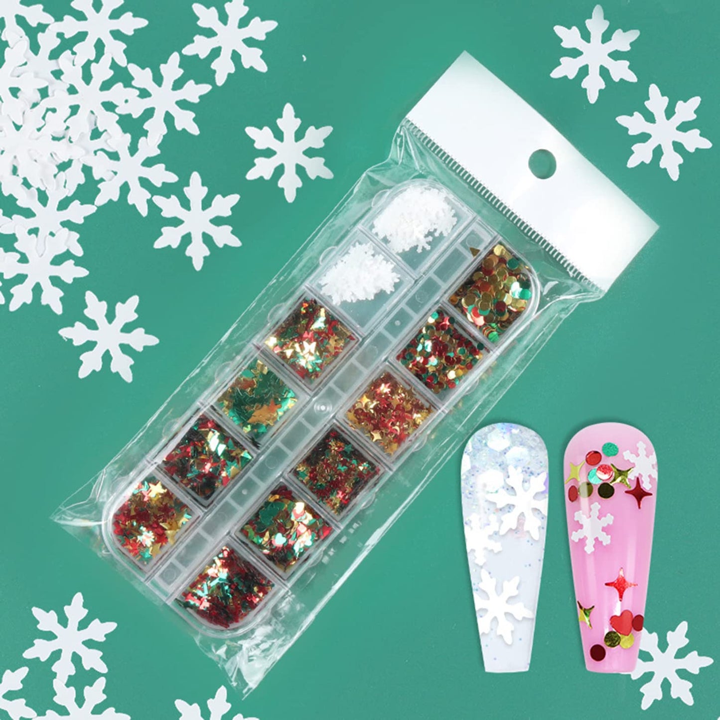 Christmas Glitter Nail Art Sequins, 3D Christmas Tree Snowflakes Love Heart Stars Circle Nail Sparkly Flakes Design Supplies for Women Girls Manicure Holiday Decorations, Xmas Resin Nail Art Tips