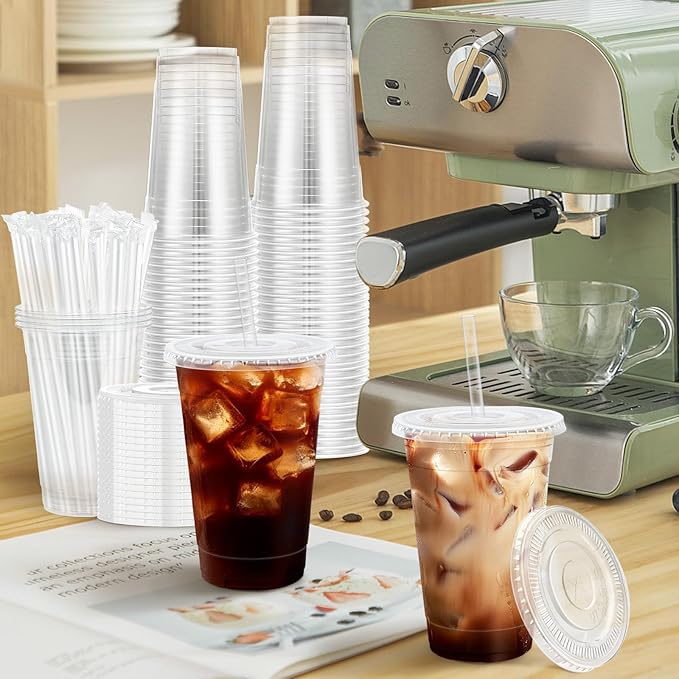 Lamosi 16 OZ Clear Plastic Cups with Lids and Straws 50 Pack, Disposable Iced Coffee Cups with Lids for To-Go Cold Drinks, Smoothies and Slushie