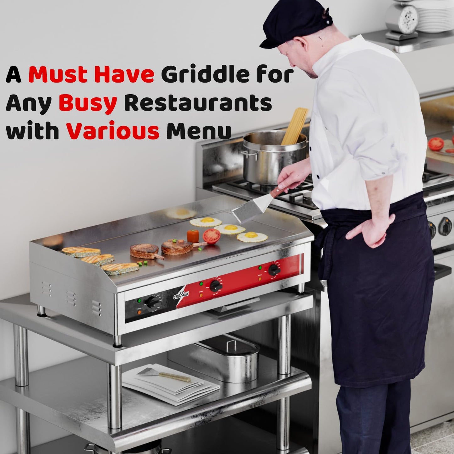 CROSSON 36"*16" Large Commercial Electric Countertop Griddle,Flat Top Heavy Duty Griddles with Non-Stick 1/2" Thick Iron Cooking Plate for Restaurant use-240V/6600W (EG-918C)