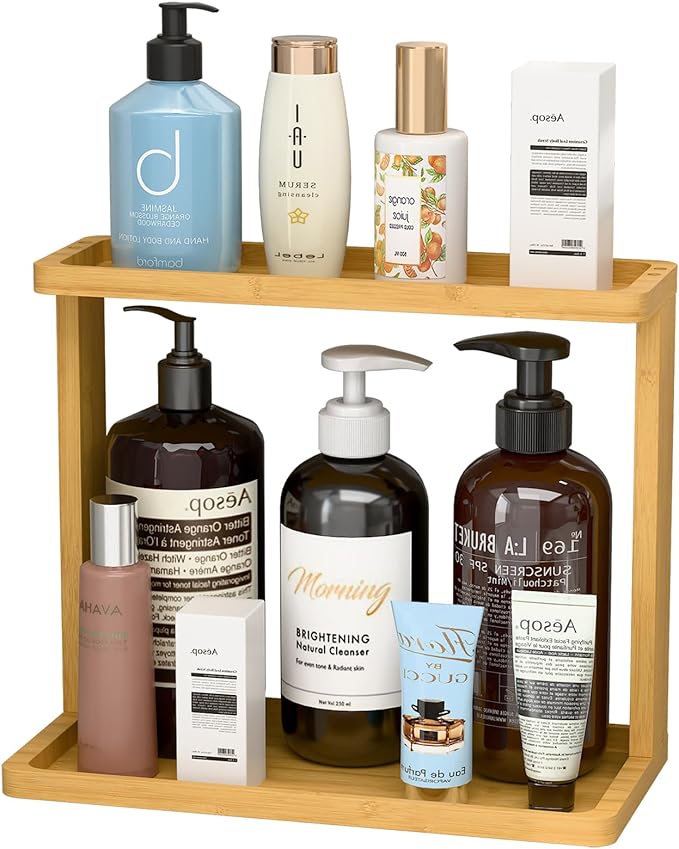 PEKER Bamboo Bathroom Organizer Countertop â Small Vanity Storage Shelf for Makeup, Perfume, Skincare â Natural Cosmetics Display Rack for Dresser, Sink, Kitchen â Natural