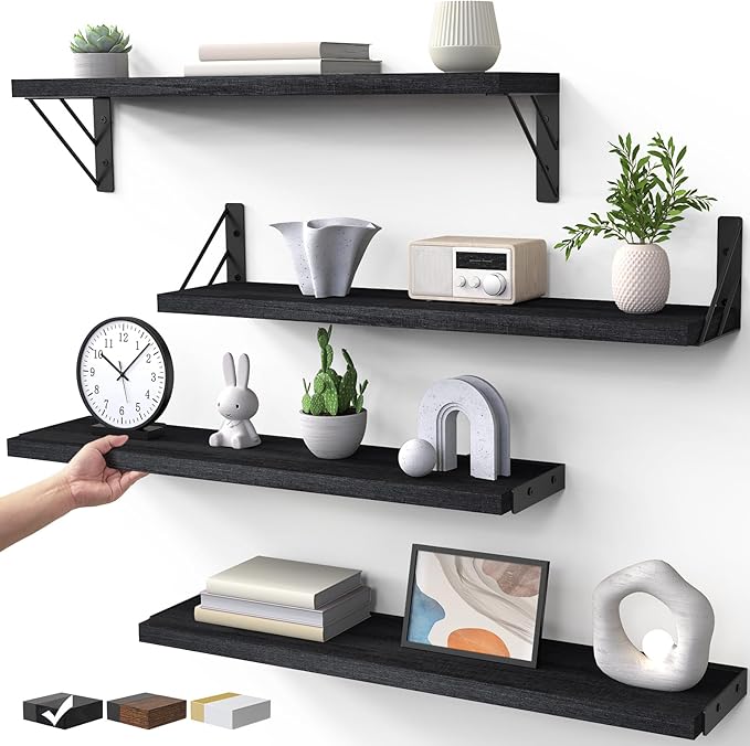 BAYKA Wall Mounted Floating Shelves, Wood Floating Wall Shelf for Books & Decor, Small Space-Saving Display & Organizerï¼ÂBlackï¼Â23inï¼ÂSet of 4ï¼Â