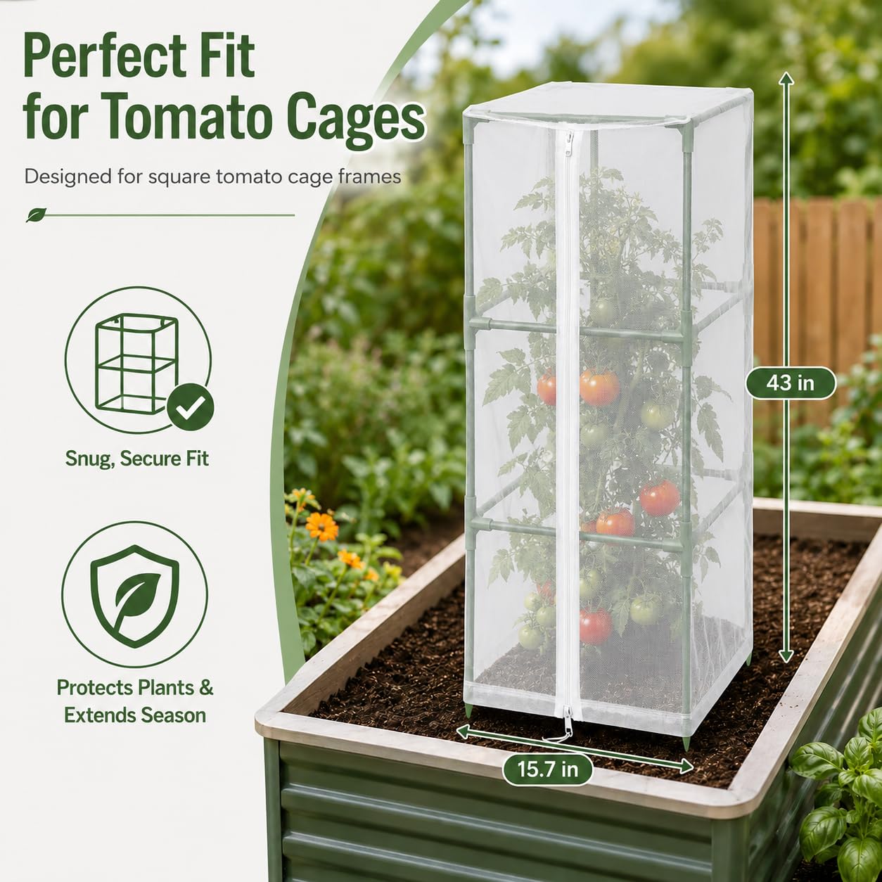 Halatool Garden Tomato Plant Cover Netting, Fits 40β50" Tall Square Tomato Cages, Garden Bird Netting with Zipper & Drawstring, Insect Barrier, Plant Covers from Insects Animals, 4 Pack, 43"Γ15.7"
