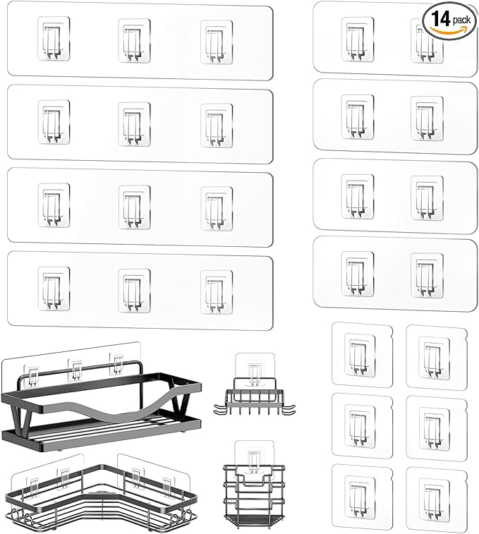 14 Pack Shower Caddy Replacement, Strong Adhesive Flat Hooks, Clear Waterproof Shower Shelf Strips for No Drilling Bathroom Storage Shelves, Soap Holder, and Kitchen Racks