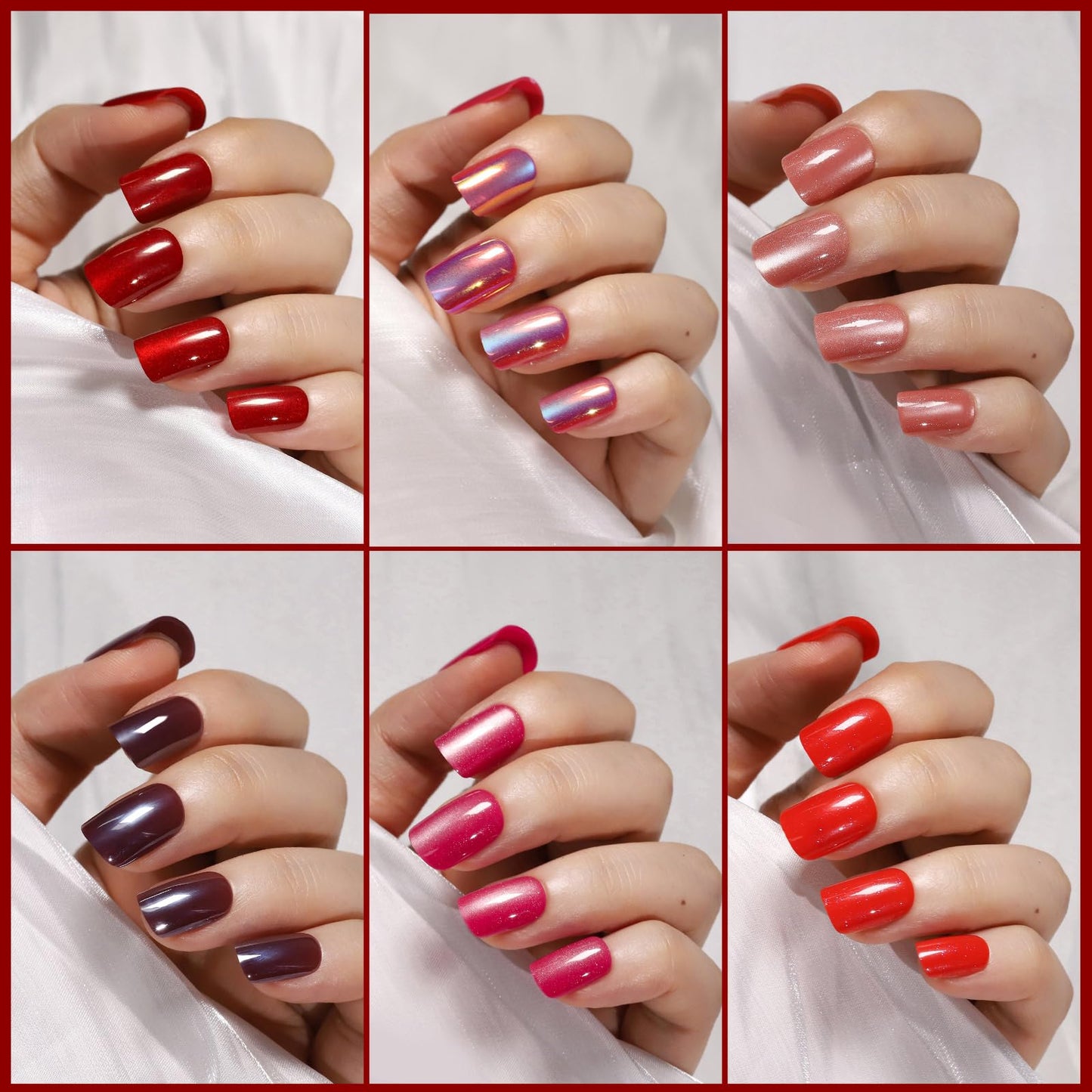 FANDAMEI Red Press on Nails, 6 Colors Cat Eye Press On Nails Short Square, Glossy Red Cat Eye Nails for Women Salon Quality, Natural Fit Fake Nails Fine Diamond Shine, Glitter Nails Kit for Festival