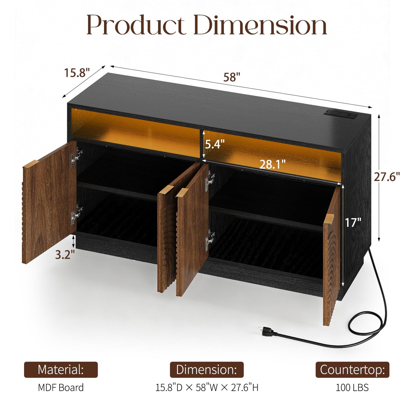 Curlaky Fluted TV Stand with Power Outlet - 58" TV Stands for Living Room, Mid Century Entertainment Center with Storage Cabinets & Adjustable Shelf, LED Modern Media Console for TVs Up to 70", Black