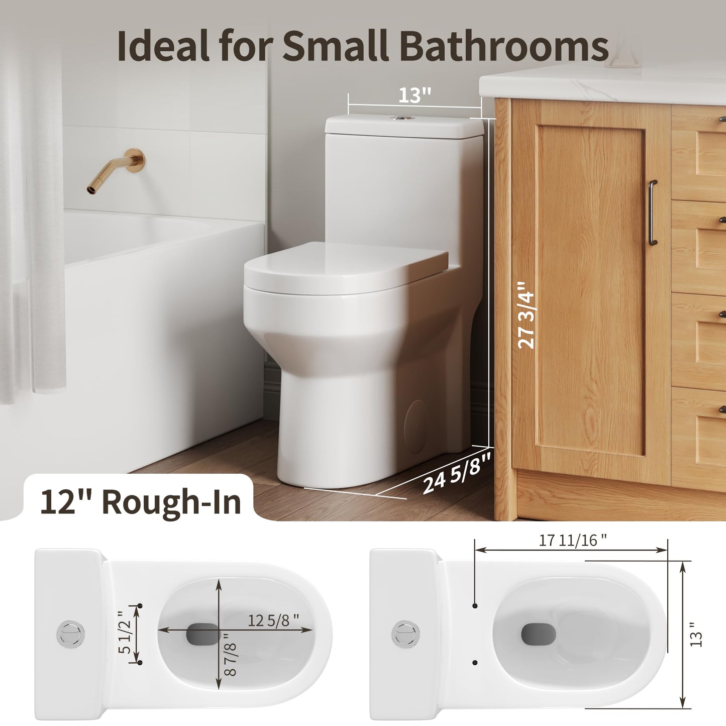 DeerValley Compact One Piece Toilet with Comfortable Seat Height Modern Standard Toilet for Small Bathroom Dual Flush 1.1/1.6 GPF Powerful & Quiet 12'' Rough-In Skirted Toilets