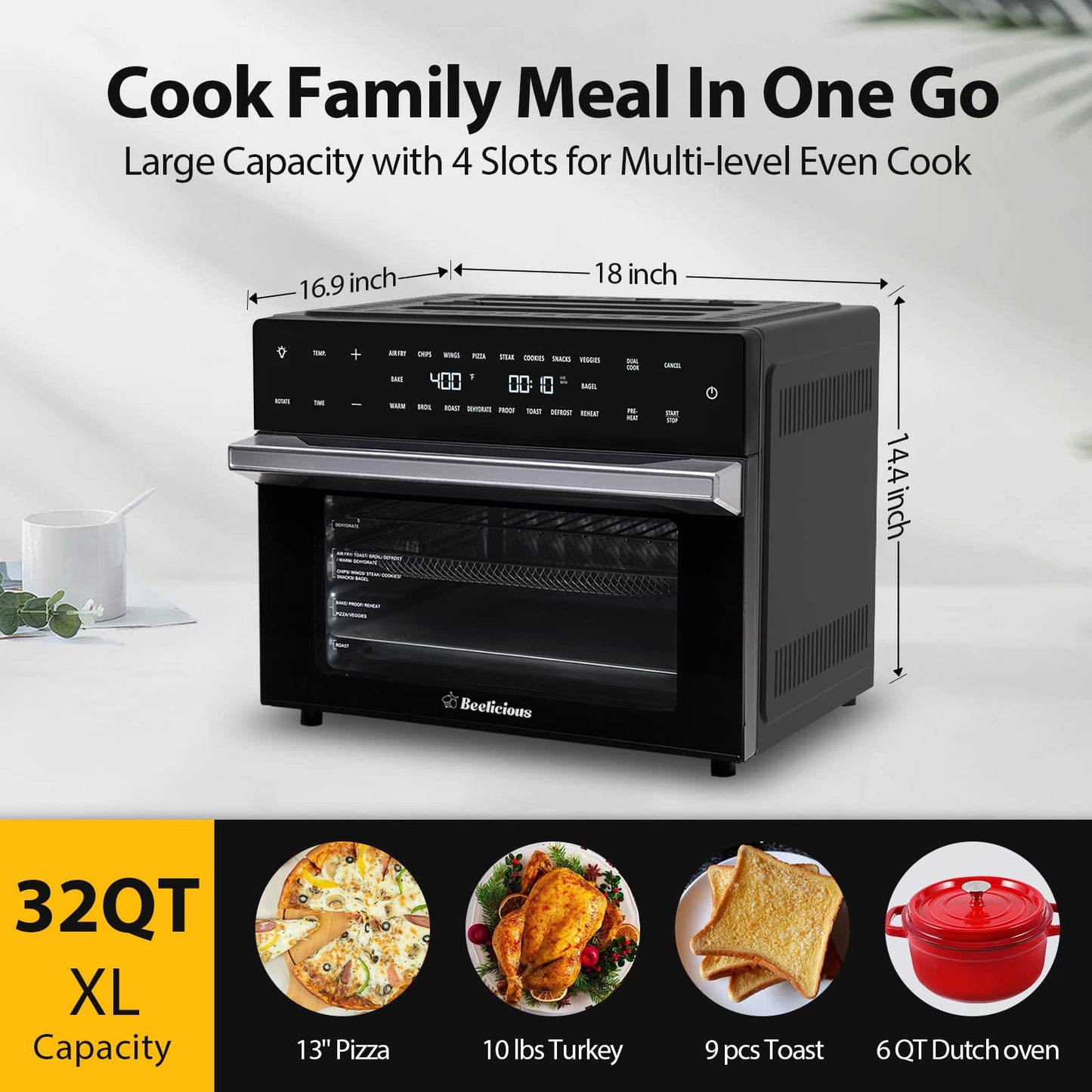 Beelicious 32QT Extra Large Air Fryer, 19-In-1 Air Fryer Toaster Oven Combo with Rotisserie and Dehydrator, Digital Convection Oven Countertop Airfryer Fit 13" Pizza, 6 Accessories, 1800w, Black