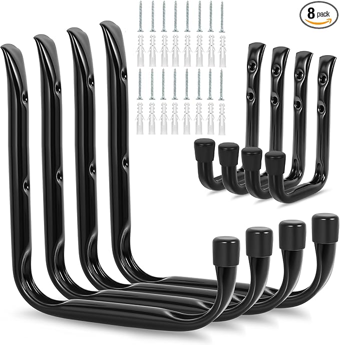 GURADESIGN 8-Pack Heavy Duty Garage Hooks for Hanging 50 lbs, 8â & 3.5â J Utility Hooks for Garage, Large Metal,Heavy Duty, Black