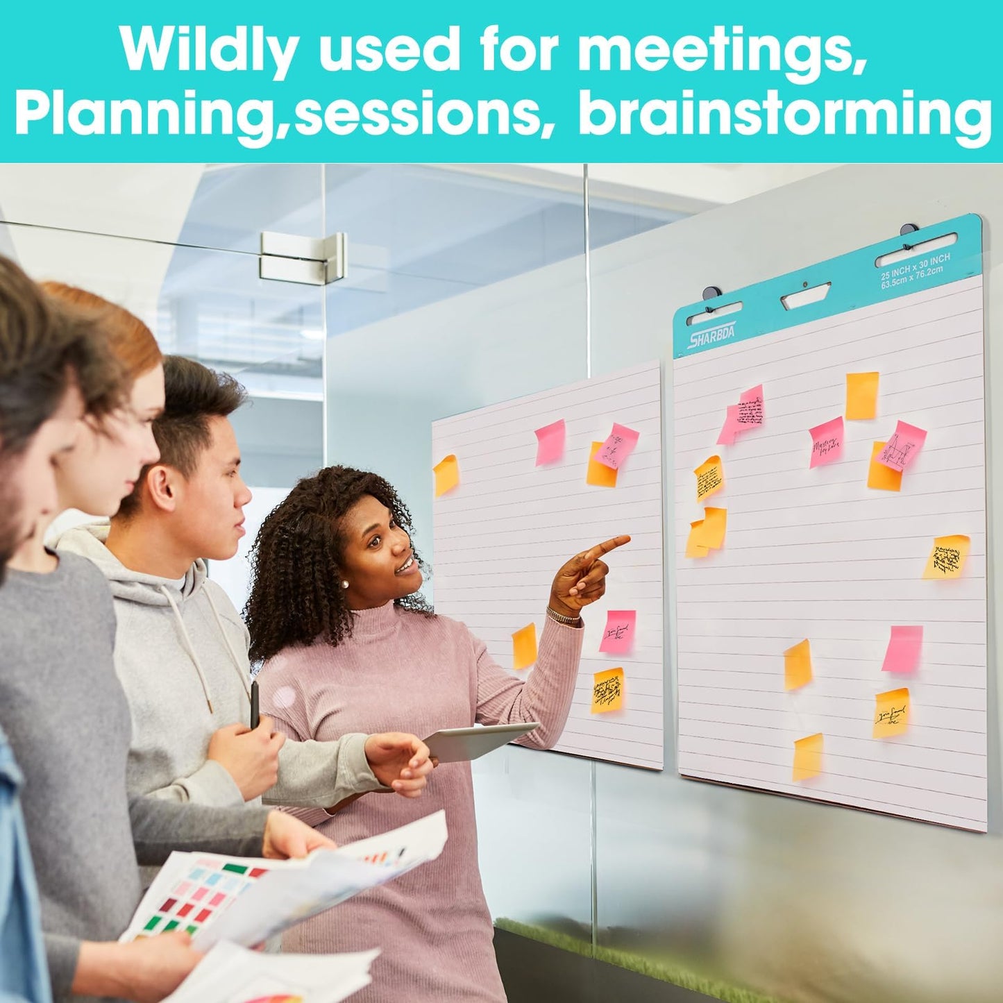 SHARBDA Lined Sticky Easel Pad, 15 * 18 inch,Self-Stick Flip Chart Paper, Super Adhesive & Bleed-Resistant,Micro-Perforated Tear,Classroom Teacher Office Presentation Pads,3 Pads/Pack,90Sheets