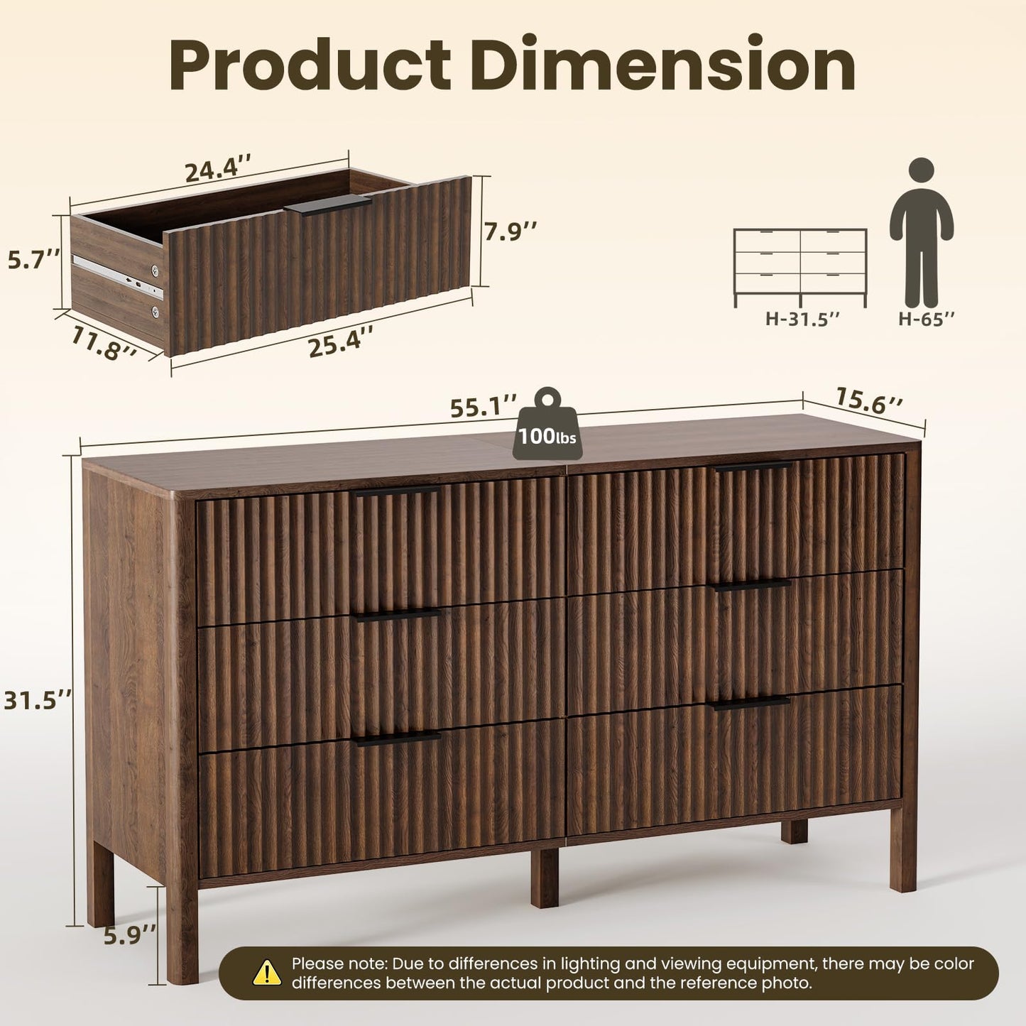 55" Wide Fluted 6 Drawer Dresser for Bedroom, Wooden Dresser Modern Chest of Drawers TV Stand Dressers with Organizer Storage for Bedroom, Living Room, Entryway, Hallway, Walnut